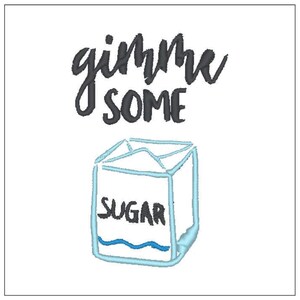 May include: A white box with the word "sugar" printed on it in black. The box is sitting on a white background. The text "Gimme some" is written in black above the box.
