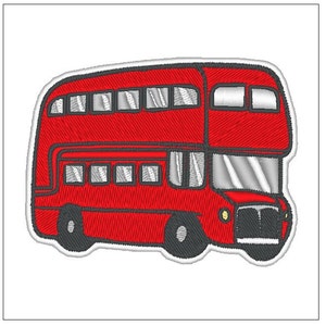 May include: A red double-decker bus with a white roof and windows. The bus has a black front grill and headlights.