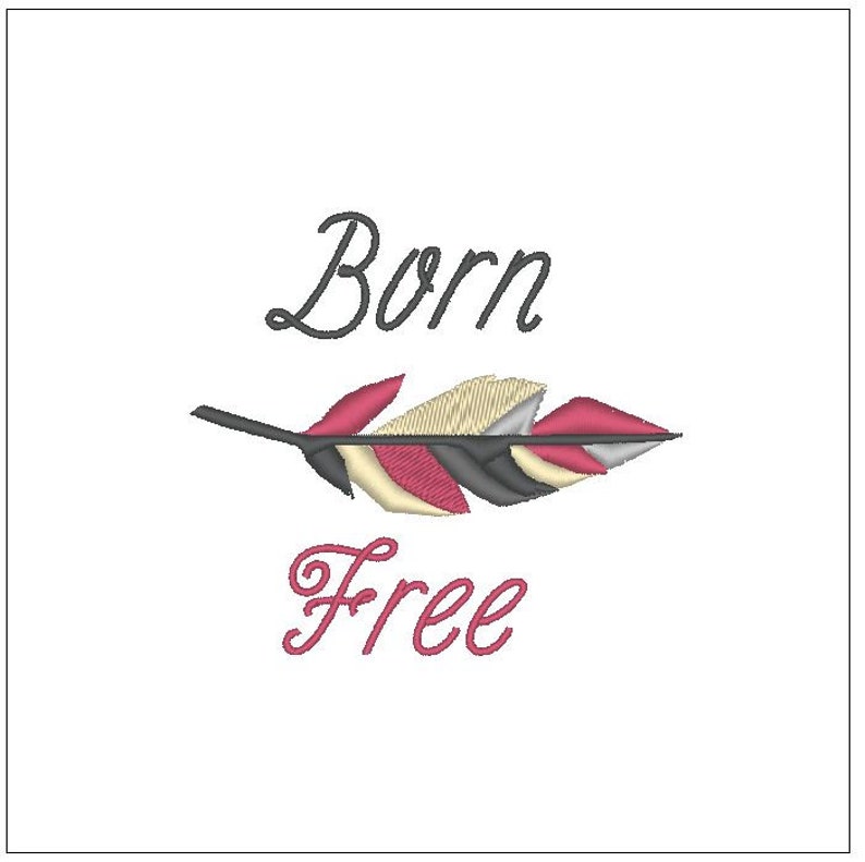 May include: A stylized feather with red, white, and gray accents, with the text "Born Free" in black and pink cursive lettering.