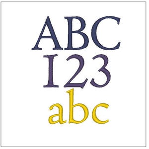 May include: Image of the alphabet in uppercase, lowercase, and numbers. The uppercase letters are navy blue, the numbers are purple, and the lowercase letters are gold.