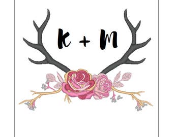 Rustic Wedding Floral Antlers monogram embroidery pattern 4 inch download for Machine Embroidery boho wedding