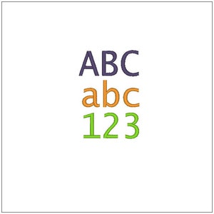 May include: Image of the letters ABC in purple, abc in orange, and 123 in green.