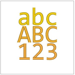 Könnte beinhalten: Ein Satz gestickter Buchstaben und Zahlen in Gelb und Orange. Die Buchstaben sind a, b, c, A, B, C, und die Zahlen sind 1, 2, 3.