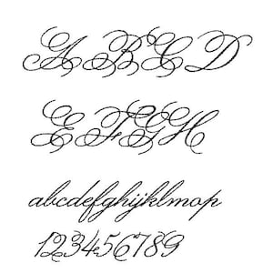 May include: Black, elegant cursive font featuring uppercase letters A through H, lowercase letters a through p, and numbers 1 through 9. The font has a delicate, flowing design, perfect for invitations or personalized stationery.