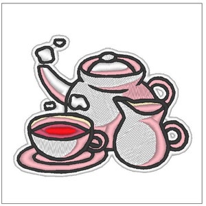 May include: A pink tea set with a teapot, creamer, and a cup and saucer. The teapot has a lid and a spout. The creamer has a handle and a spout. The cup and saucer are decorated with a pink and white pattern.