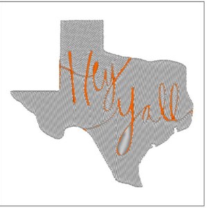 May include: A gray outline of the state of Texas with the text "Hey y'all" written in orange cursive.