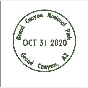May include: A green circular stamp with the text "Grand Canyon National Park" and "Grand Canyon, AZ" around the edge. The date "OCT 31 2020" is printed in the centre.