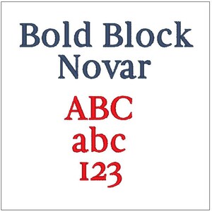 Puede incluir: Fuente Bold Block Novar mostrada en azul marino con una muestra de la fuente en rojo que muestra las letras mayúsculas ABC, las letras minúsculas abc y los números 123.