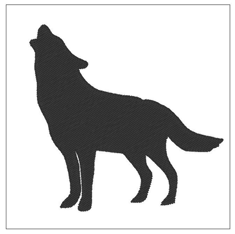 May include: Silhouette of a wolf howling at the moon. The wolf is black against a white background.