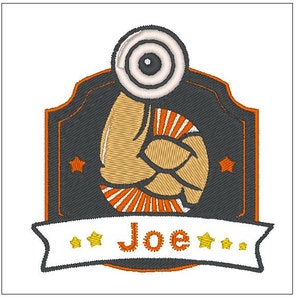 May include: A black and orange embroidered patch with a stylized image of a bicep lifting a weight. The patch has a banner with the name "Joe" and stars.