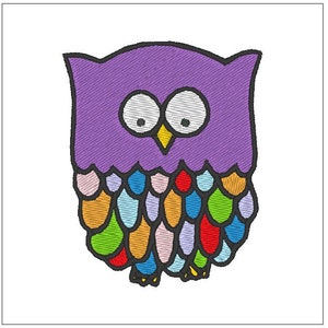 May include: A purple owl with large eyes and a yellow beak. The owl's feathers are a rainbow of colors, including red, orange, yellow, green, blue, and purple.