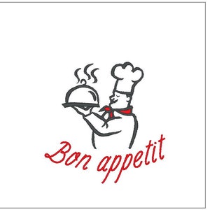 May include: A black and white illustration of a chef holding a cloche with steam coming out of it. The text "Bon appetit" is written in red below the chef.
