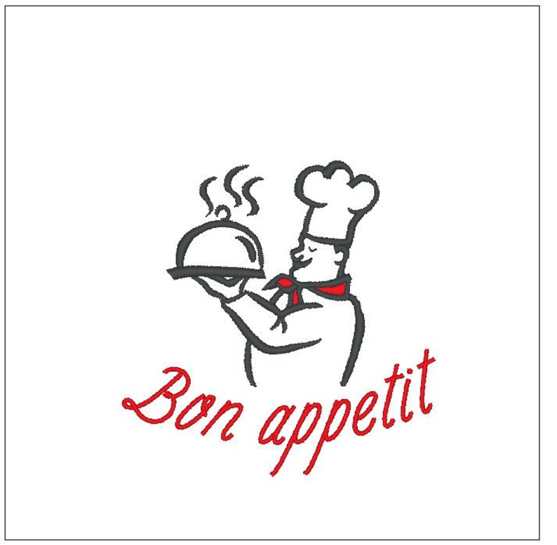May include: A black and white illustration of a chef holding a cloche with steam coming out of it. The text "Bon appetit" is written in red below the chef.