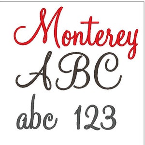 May include: Image of a red cursive font that says "Monterey" above a brown cursive font that says "ABC" and a grey cursive font that says "abc 123".