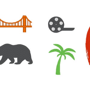 Może przedstawiać: Ilustracja pięciu ikon reprezentujących Kalifornię: czerwona deska surfingowa, palma, czarny niedźwiedź, szpula filmu i most Golden Gate.