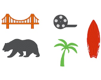 Californië strand hollywood * 2 inch * Iconen set van 5 borduurpatroon te downloaden voor Machine Borduurwerk voor 4X4 hoepel