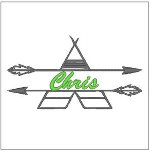 May include: A gray teepee with two gray arrows pointing in opposite directions. The name "Chris" is written in green cursive letters in the center of the design.