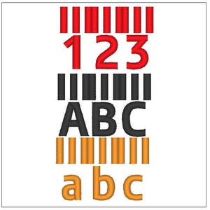 May include: Red, black and orange embroidered letters and numbers. The letters are "ABC" and "abc" and the numbers are "123".