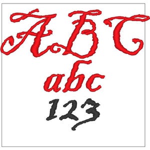 May include: Red embroidered letters "ABC abc" and black embroidered numbers "123" on a white background.