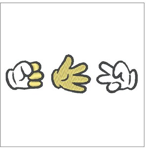 May include: Three cartoon hands in a row, playing rock, paper, scissors. The hand on the left is making a fist, the middle hand is flat, and the right hand is showing two fingers.