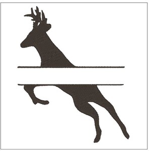 Może przedstawiać: Sylwetka jelenia z porożem skaczącego nad pustym miejscem na tekst. Jeleń jest brązowy, a tło jest białe.