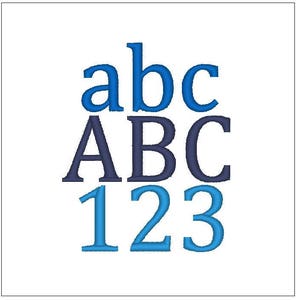 Può includere: Una grafica con le lettere abc, ABC e i numeri 123. Le lettere e i numeri sono in uno schema di colori blu e blu scuro.