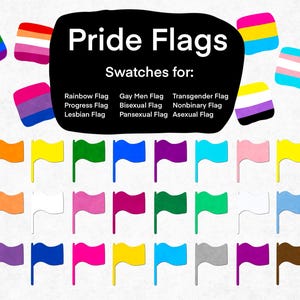 Puede incluir: Un gráfico que muestra las diferentes banderas del orgullo, incluyendo la bandera del arcoíris, la bandera transgénero, la bandera bisexual, la bandera lesbiana, la bandera asexual, la bandera no binaria, la bandera pansexual y la bandera de los hombres gay. El gráfico también incluye el texto "Banderas del orgullo" y "Muestras para:".