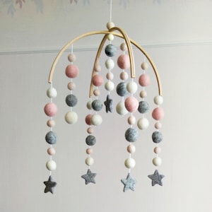 Nursery mobile, Stars baby mobile, Felt ball mobile, Baby mobile, Crib mobile, balls mobile, Grey & pink mobile, Neutral baby mobile