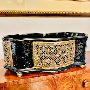 French Napoleon III Style Jardinerie Black Gold Footed