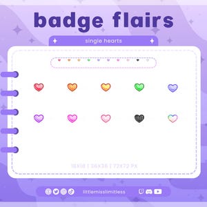 May include: A digital graphic featuring heart-shaped badge flairs in various colors, including red, orange, yellow, green, purple, pink, and black. The text "badge flairs" and "single hearts" are displayed at the top. The image also includes the text "18x18 | 36x36 | 72x72 PX".