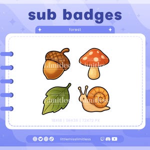 Sous-badges Forêt Cosy | Twitch, YouTube, Kick, Discord | Badges Bit, Rôles d'abonné | Automne Automne | Escargot, Feuille, Champignon, Gland