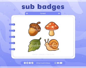 Cozy Forest Sub Badges | Twitch, YouTube, Kick, Discord | Bit Badges, Subscriber Roles | Fall Autumn | Snail, Leaf, Mushroom, Acorn