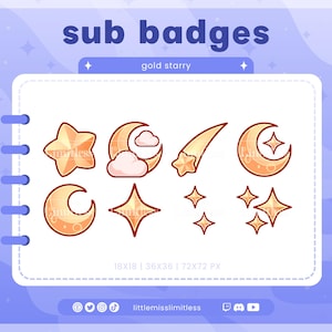 Gold Starry Moon Sub Badges | Twitch, YouTube, Kick, Discord | Bit Badges, Subscriber Roles