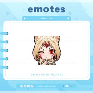 May include: Digital emote of a cartoon character with blonde hair, red eyes, and fox ears. The character winks and gestures for silence. The image is labelled "emotes" and "faker ahri."