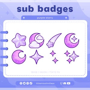 Purple Starry Moon Sub Badges | Twitch, YouTube, Kick, Discord | Bit Badges, Subscriber Roles