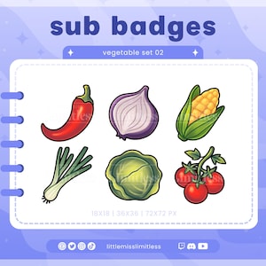 Vegetable Sub Badges | Twitch, YouTube, Kick, Discord | Bit Badges, Subscriber Roles | Pepper Onion Corn Green Onion Lettuce Tomato Cabbage