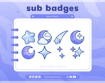 Blue Starry Moon Sub Badges | Twitch, YouTube, Kick, Discord | Bit Badges, Subscriber Roles
