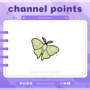 Puede incluir: Gráfico digital con una ilustración de una polilla luna. La polilla es de color verde claro con manchas amarillas y contornos negros, sobre un fondo blanco. La imagen incluye el texto "channel points" y "luna moth". El fondo es morado claro con estrellas.
