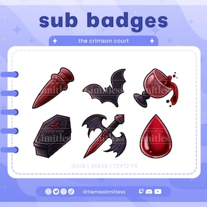 Puede incluir: Un conjunto de seis insignias secundarias con temática carmesí con un tema de vampiro. Las insignias incluyen una botella de poción, un murciélago, una copa de sangre, un ataúd, una daga y una gota de sangre. El texto "sub badges" y "the crimson court" están en la parte superior.
