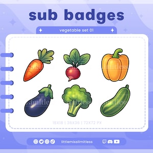 Vegetable Sub Badges | Twitch, YouTube, Kick, Discord | Bit Badges, Subscriber Roles | Carrot Radish Pepper Eggplant Broccoli Cucumber