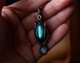 Double stoned Pendant / Labradorite Necklace / Labradorite Pendant / Wire wrapped necklace