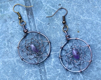 Dream Catcher Earrings // Purple Amethyst // Wire Wrapped Earrings