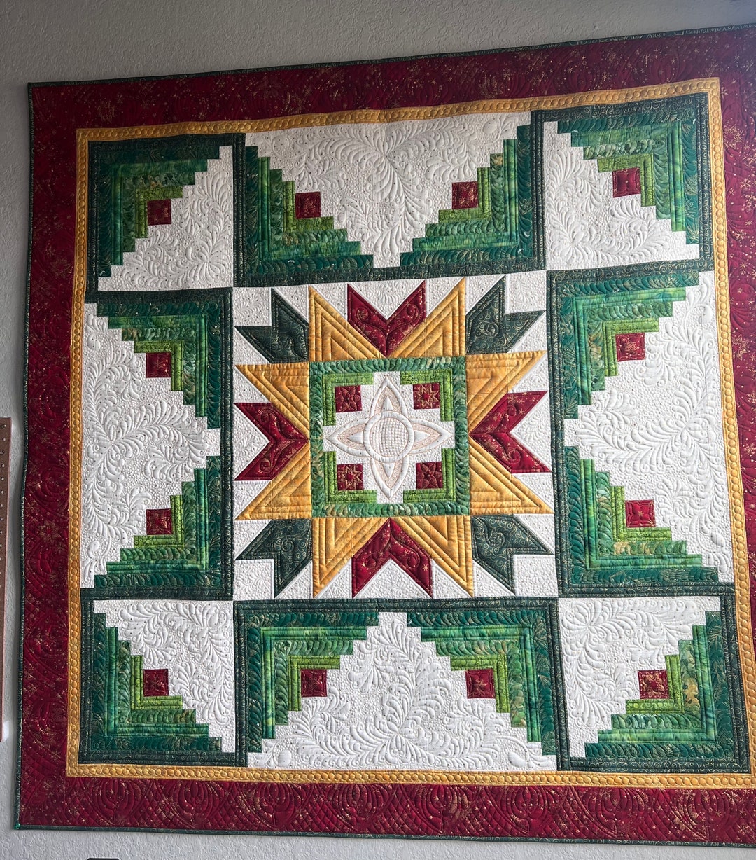 Christmas Star Log Cabin Quilt, Handmade Holiday Wall Hanging (56.5"x56 ...