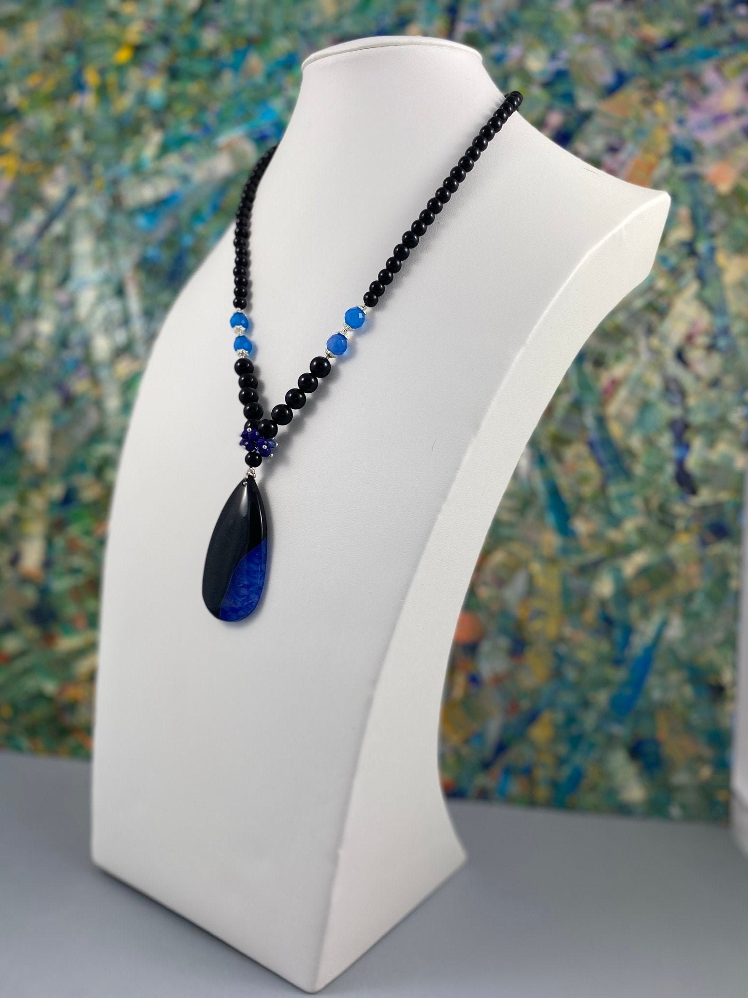 Pietre E Minerali. Collana Perle Onice Nero Opaco 8 Mm + Agata Nera Apatite Blu Della Catena In Acciaio Inossidabile~p155484749 - Foto 6