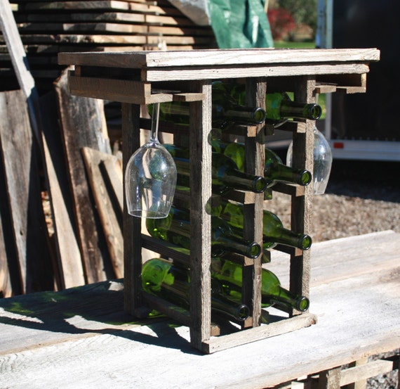 8 Bottle Wine Rack With Glass Rack Made With Rustic Barn Wood Etsy