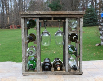 Wine Rack with glass rack made with rustic barn wood