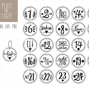 May include: A set of 24 black and white circle-shaped Christmas countdown tags with numbers 1 through 24 and German words for the numbers. The tags are designed for cutting with a plotter or laser cutter.