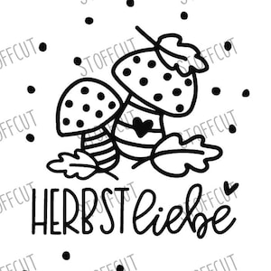 Peut inclure: Quatre illustrations en noir et blanc de champignons avec des feuilles et les mots "Herbst liebe", "Pilz liebe", "Herbst glück", et "Pilz glück".