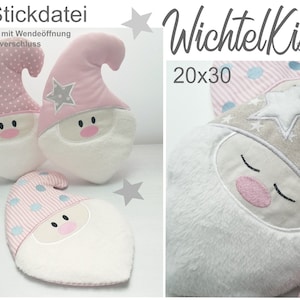 Könnte beinhalten: Drei Plüsch-Wichtelkissen mit rosa und weißem Stoff. Die Kissen sind 20 Zoll mal 30 Zoll groß. Der Text "Wichtelkissen" ist in einer dekorativen Schrift geschrieben.
