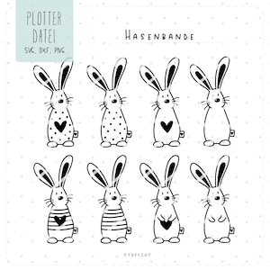 May include: Eight black and white bunny rabbit illustrations with different patterns and designs. The text "HASENBANDE" is at the top of the image.